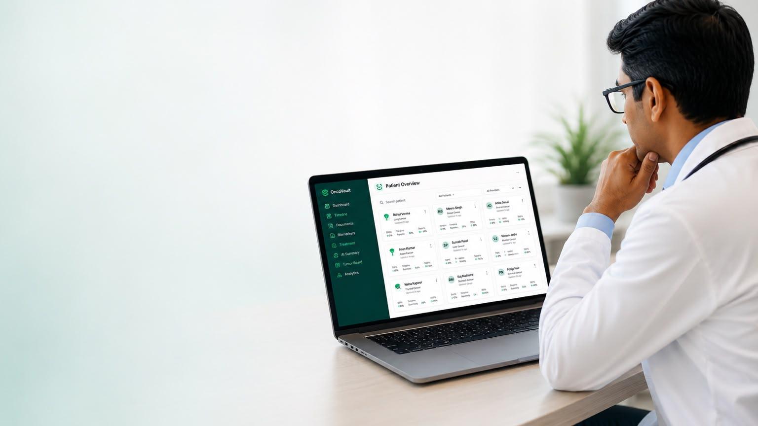 Oncologist reviewing patient records in OncoVault